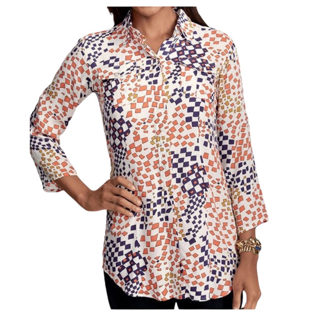Cabi Grand Prix Geometric 70s Inspired Button Down Shirt Blouse White Orange M
